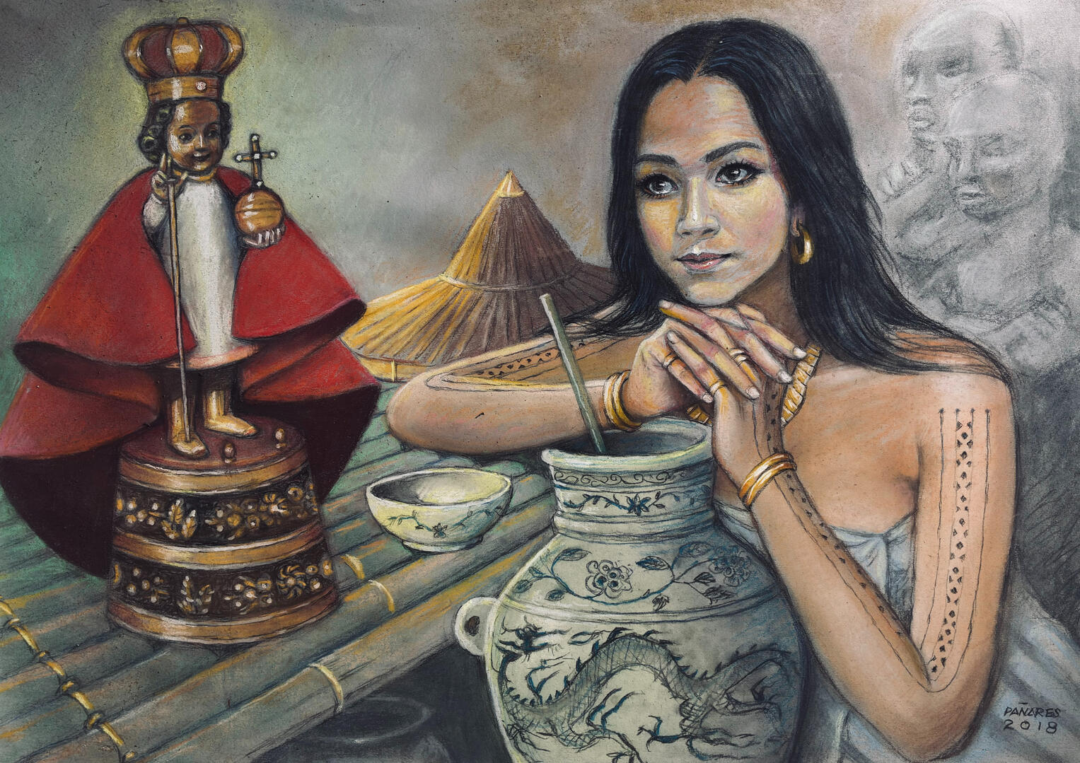 Painted on 2018 in Sugbu(Cebu), A sugbuana with her Sto. Nino. Pastel on paper.